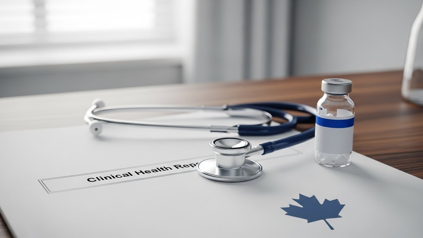 Medical desk with stethoscope and pharmaceutical vial representing Health Canada steroid regulations and clinical safety.