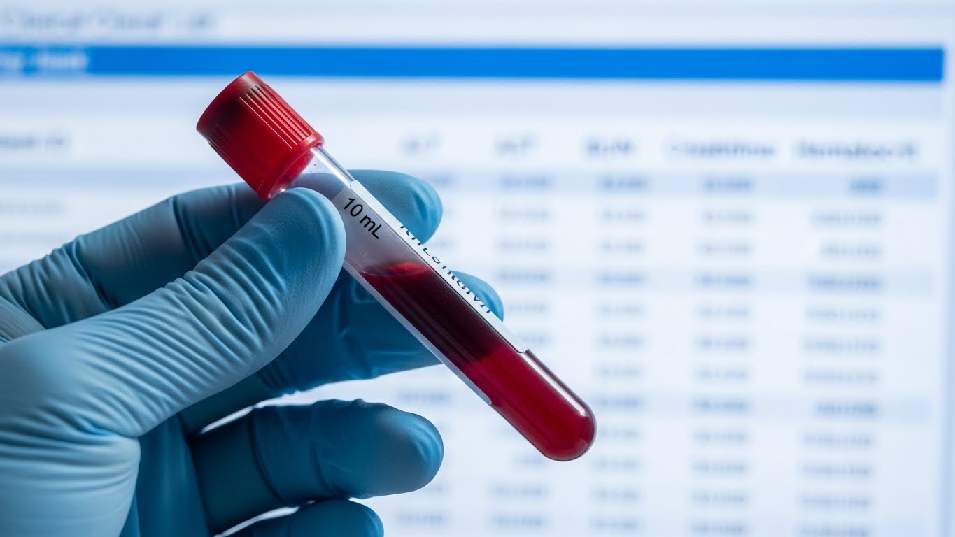 A laboratory blood sample vial and a digital health report showing liver and lipid markers for steroid harm reduction.