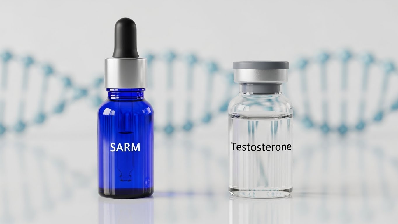 A comparative graphic showing a SARMs liquid dropper bottle next to a testosterone vial on a clinical background.