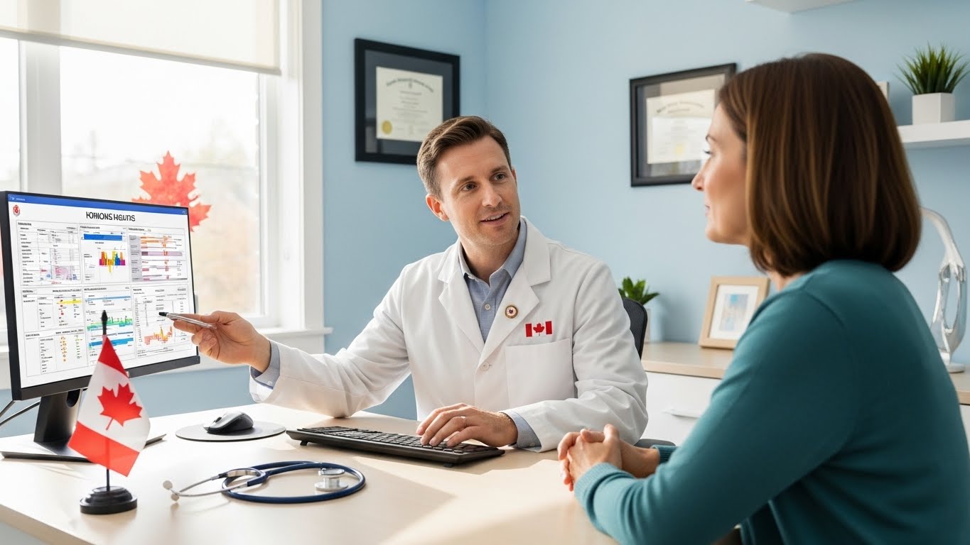 A medical professional in a Canadian clinic discussing testosterone replacement therapy (TRT) options with a patient.