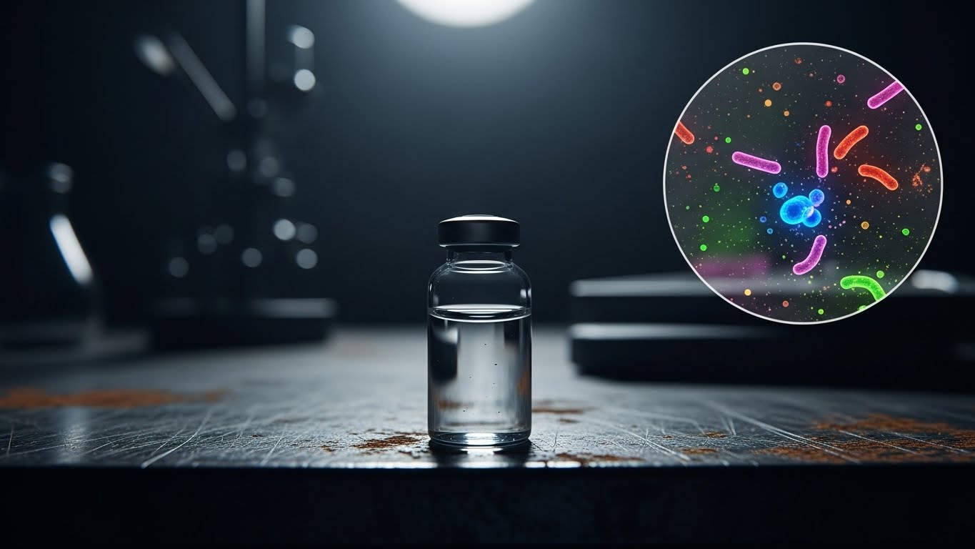 A microscopic view of bacterial contamination next to a rusted laboratory beaker, symbolizing the risks of underground steroid labs.